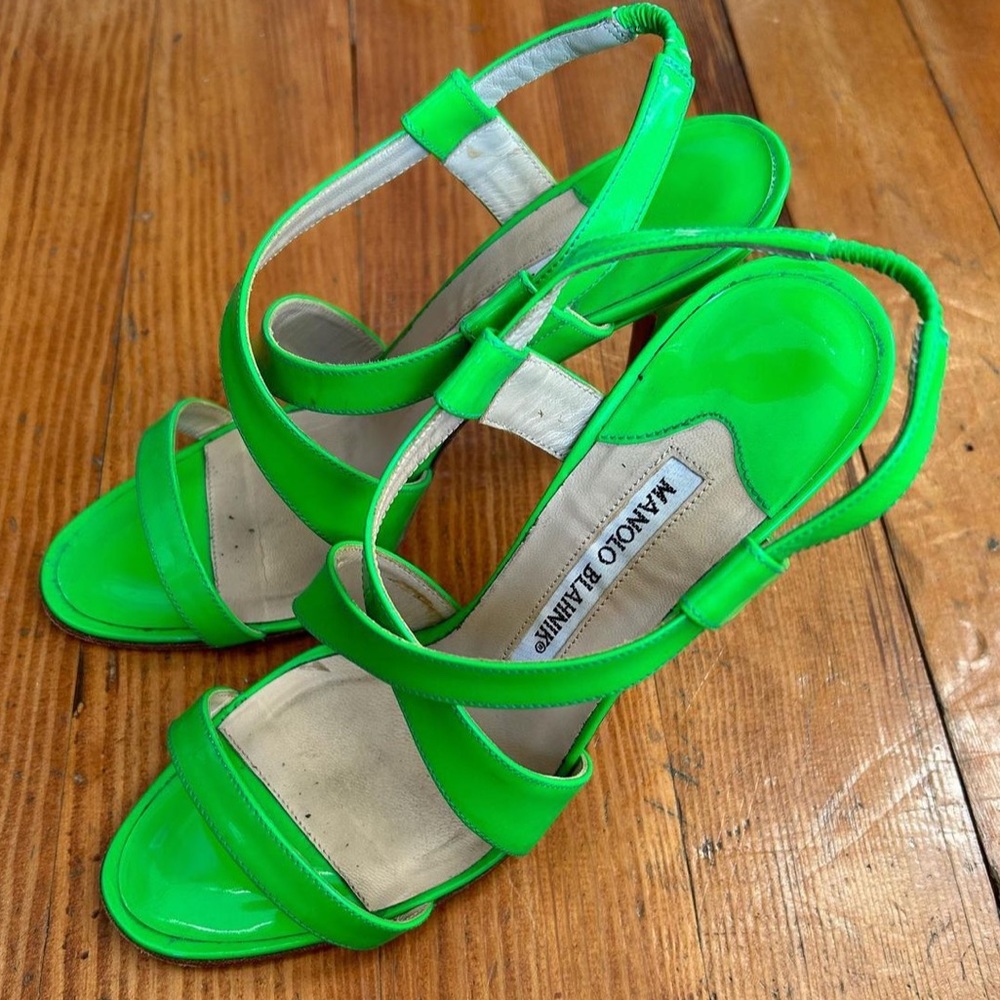 Manolo Blahnik Neon Green Strap Heels  - Size 36.5